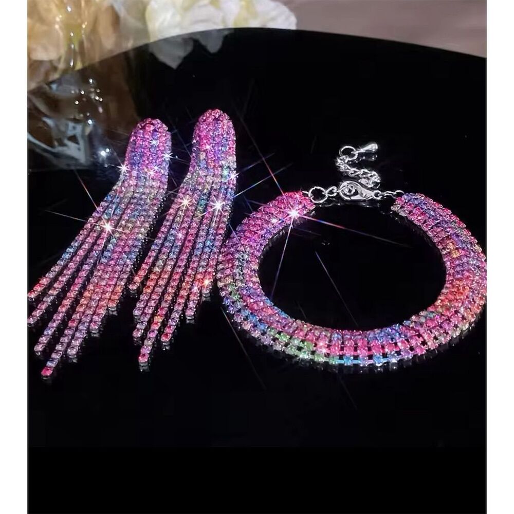 Pink RhinestoneJewelry Set Tassel Bracelet & Earrings